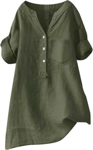 Womens Button Down Collar Shirt Plain Long Sleeve Linen Summer Casual Office Blouse Tops Loose Fit Tunic