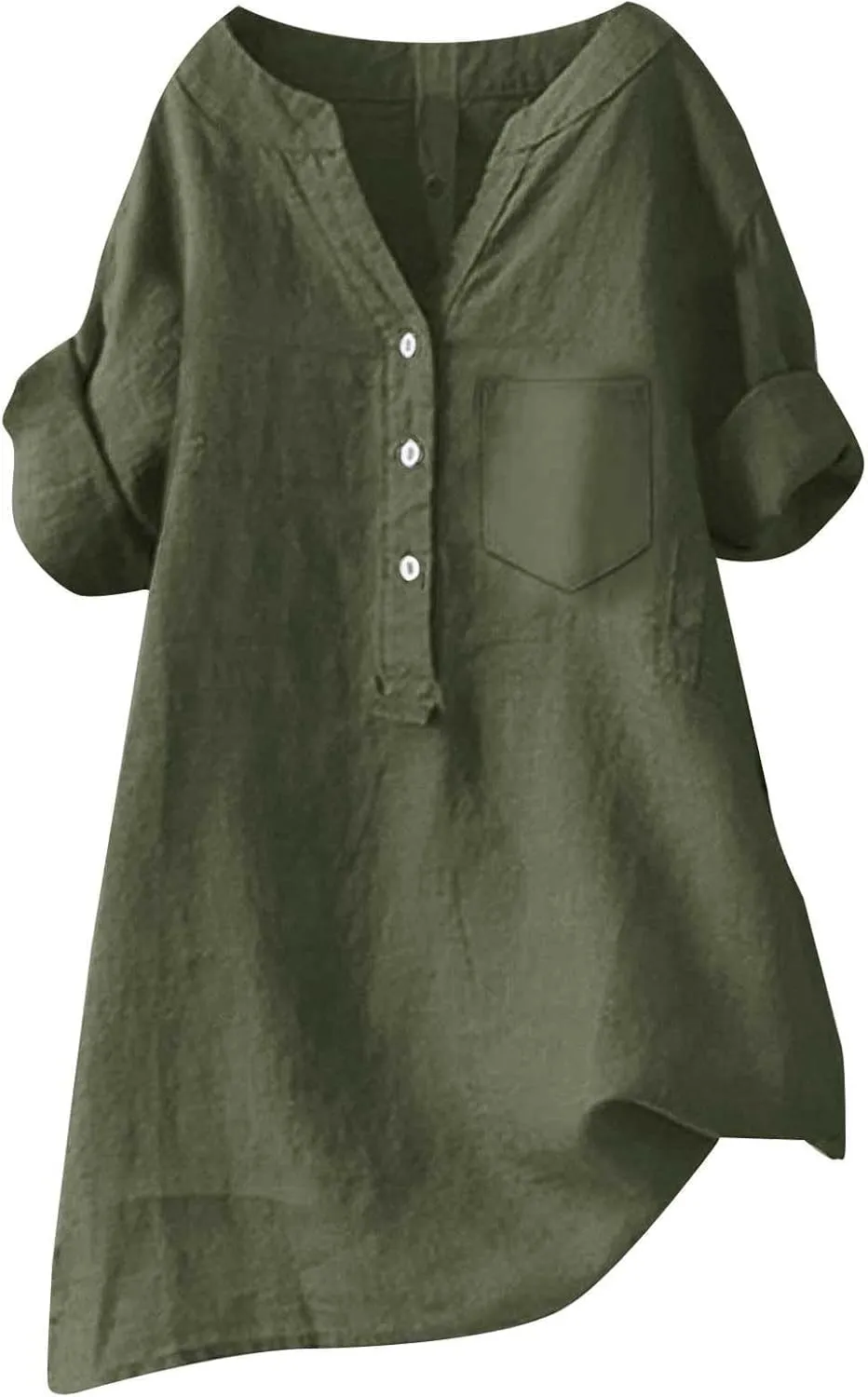Womens Button Down Collar Shirt Plain Long Sleeve Linen Summer Casual Office Blouse Tops Loose Fit Tunic