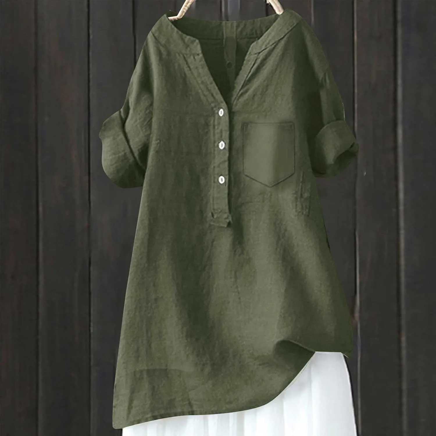 Womens Button Down Collar Shirt Plain Long Sleeve Linen Summer Casual Office Blouse Tops Loose Fit Tunic
