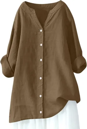 Womens Button Down Shirt V Neck Long Sleeve Cotton Linen Summer Casual 2025 Fashion Blouses Top Loose Fit Tops