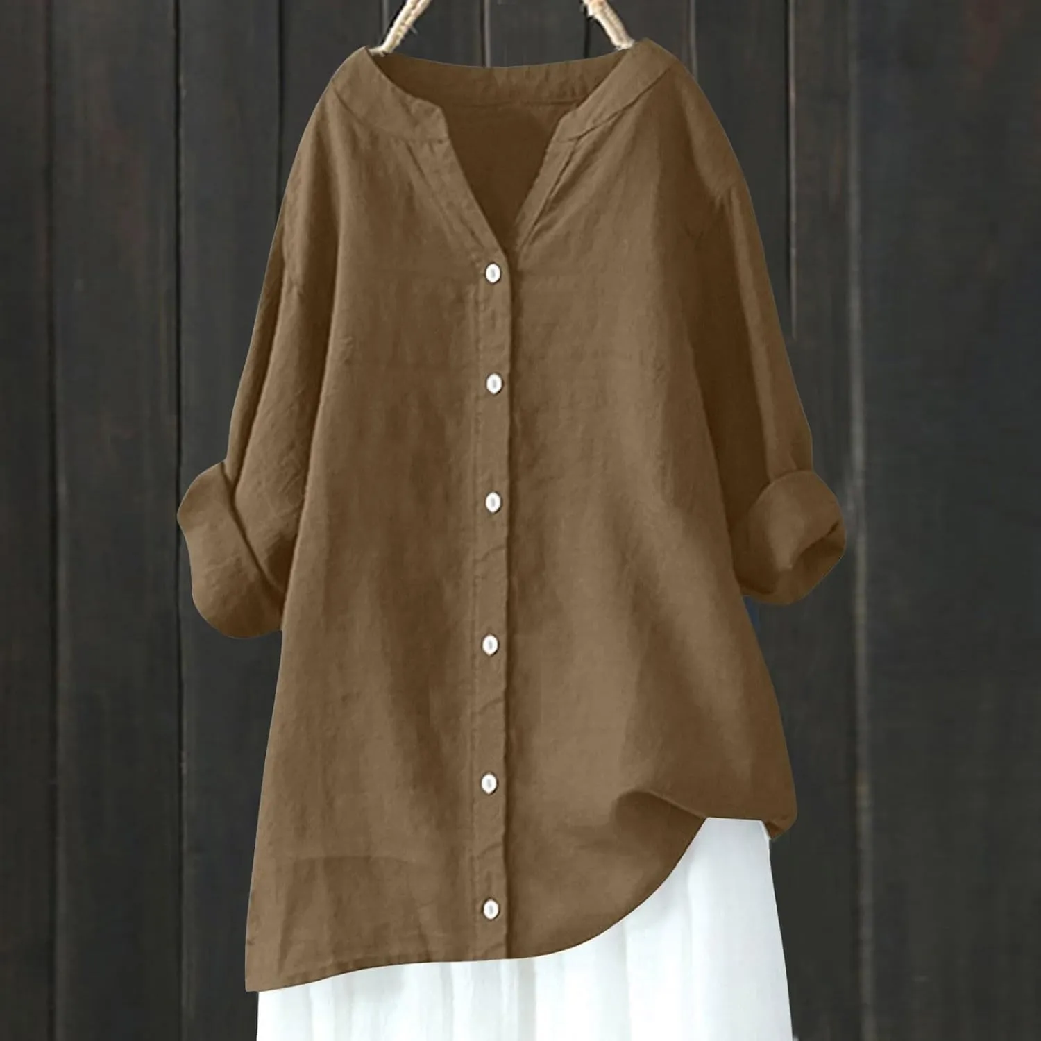 Womens Button Down Shirt V Neck Long Sleeve Cotton Linen Summer Casual 2025 Fashion Blouses Top Loose Fit Tops
