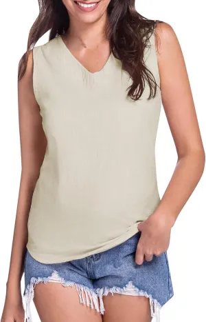Women's Button Down Shirts Linen Roll Up Cuffed Sleeve V Neck Beach Shirt Casual Loose Solid Blouse Tops