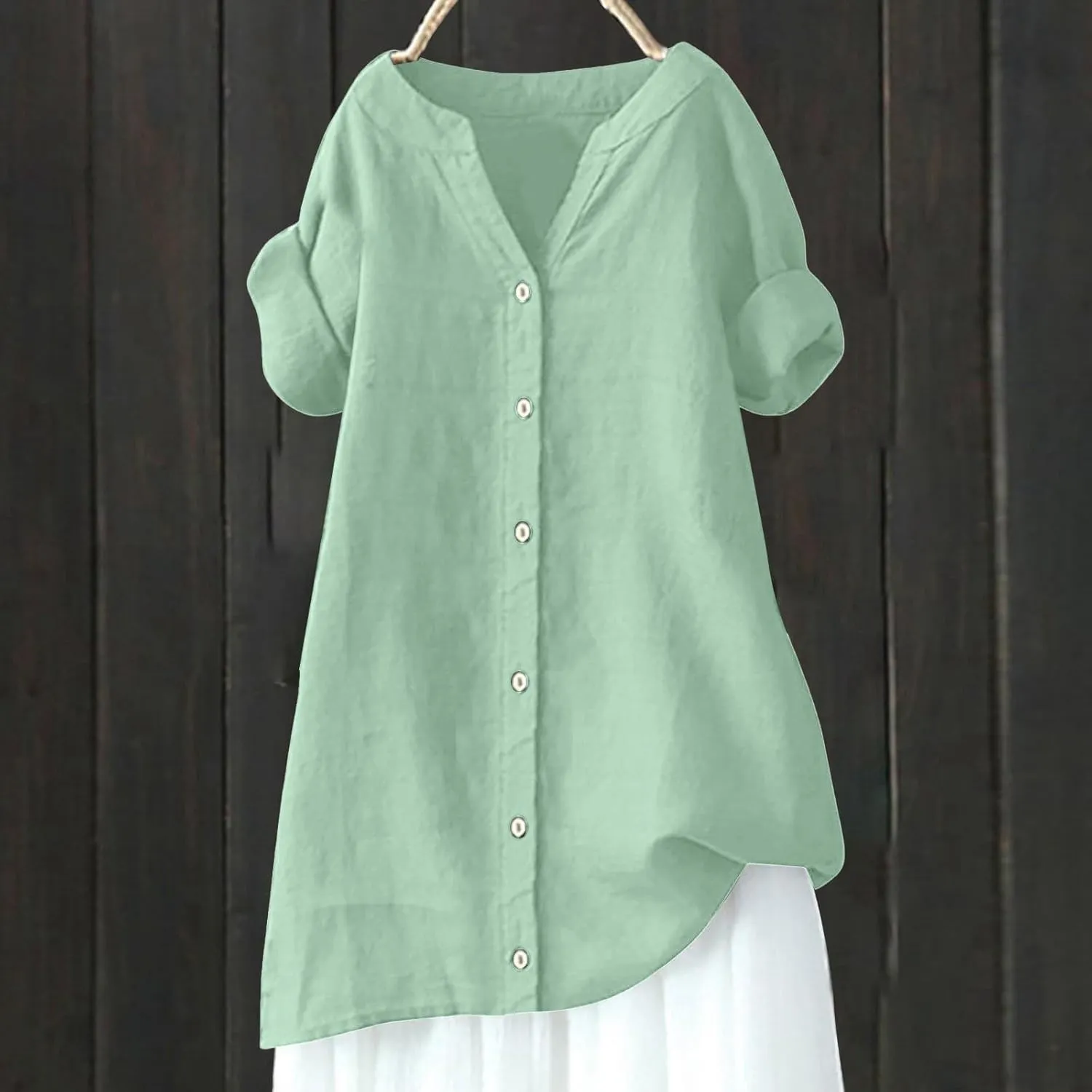 Women's Button Down Shirts Plain Long Sleeve Cotton Linen Summer Casual Business Blouse Top Loose Fit T Shirts