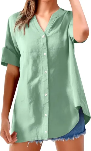Women's Button Down Shirts Plain Long Sleeve Cotton Linen Summer Casual Business Blouse Top Loose Fit T Shirts
