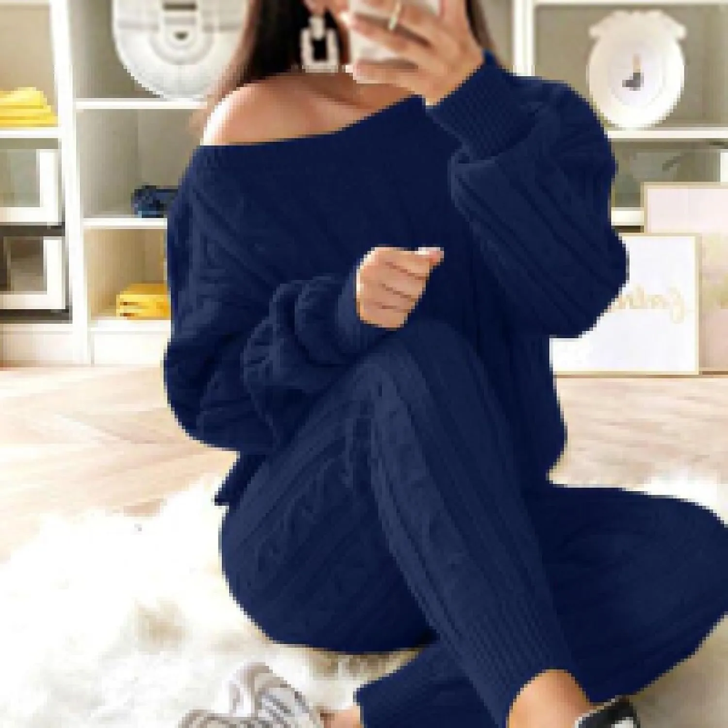 Women's Cable Knitted Sweater 2 Pieces Outfits Long Sleeve Pullover Tops Long Pants Lounge Sets Autumn Winter
