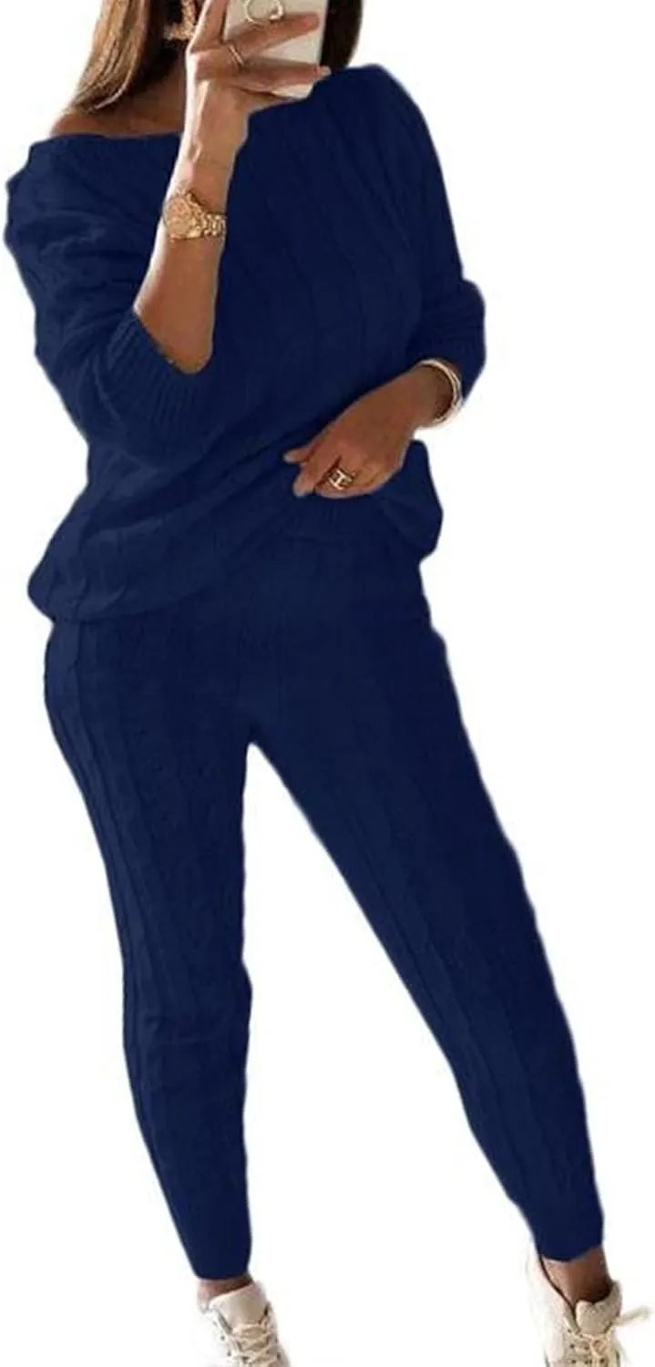 Women's Cable Knitted Sweater 2 Pieces Outfits Long Sleeve Pullover Tops Long Pants Lounge Sets Autumn Winter