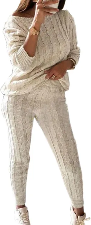 Women's Cable Knitted Sweater 2 Pieces Outfits Long Sleeve Pullover Tops Long Pants Lounge Sets Autumn Winter