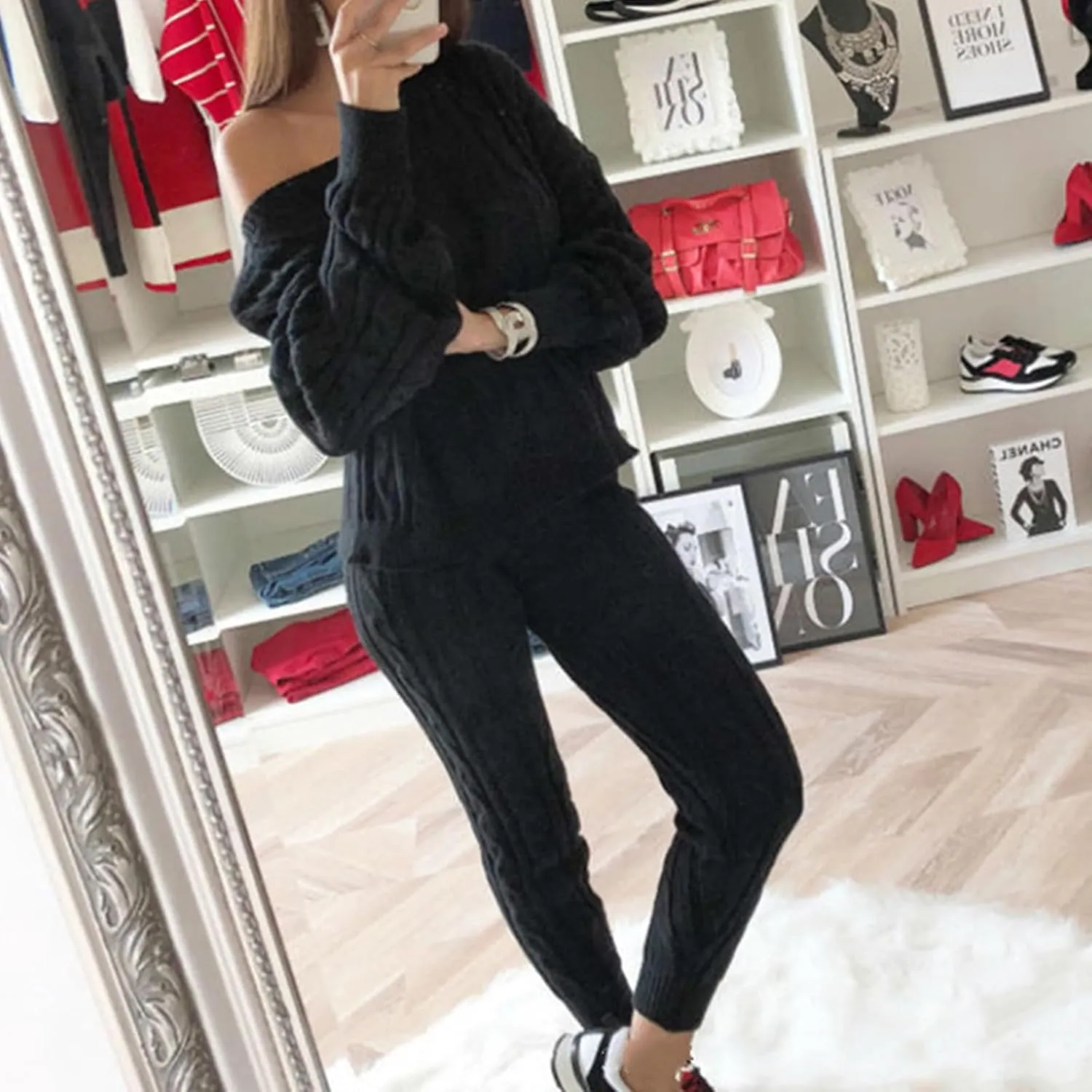 Women's Cable Knitted Sweater 2 Pieces Outfits Long Sleeve Pullover Tops Long Pants Lounge Sets Autumn Winter