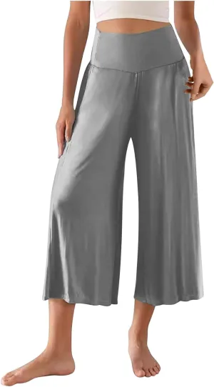 Womens Capris Wide Leg Yoga Pants High Waisted Summer Pants Cropped Lounge Pants Tummy Control Flowy Pants Boho Pants
