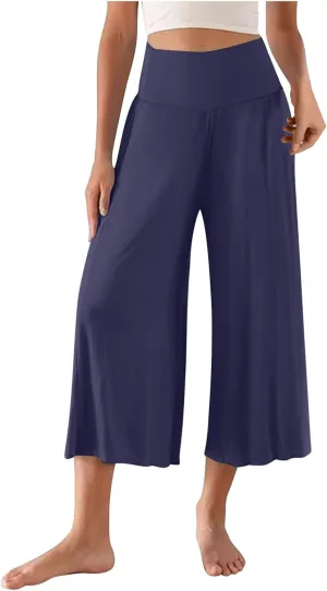 Womens Capris Wide Leg Yoga Pants High Waisted Summer Pants Cropped Lounge Pants Tummy Control Flowy Pants Boho Pants