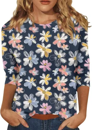 Women's Casual 3/4 Sleeve T-Shirts Round Neck Cute Tunic Tops Basic Tees Blouses Summer Fashion Tee Top