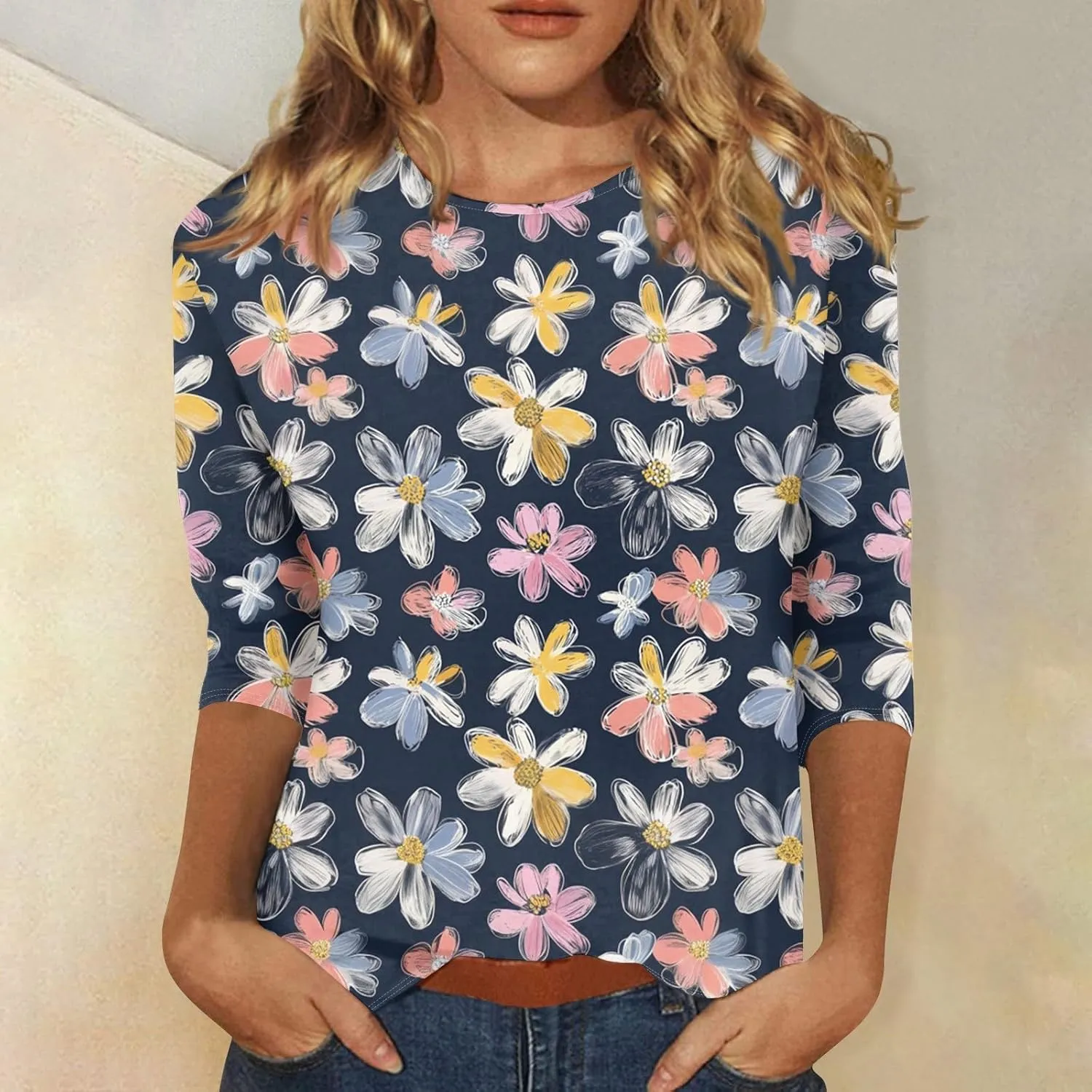 Women's Casual 3/4 Sleeve T-Shirts Round Neck Cute Tunic Tops Basic Tees Blouses Summer Fashion Tee Top