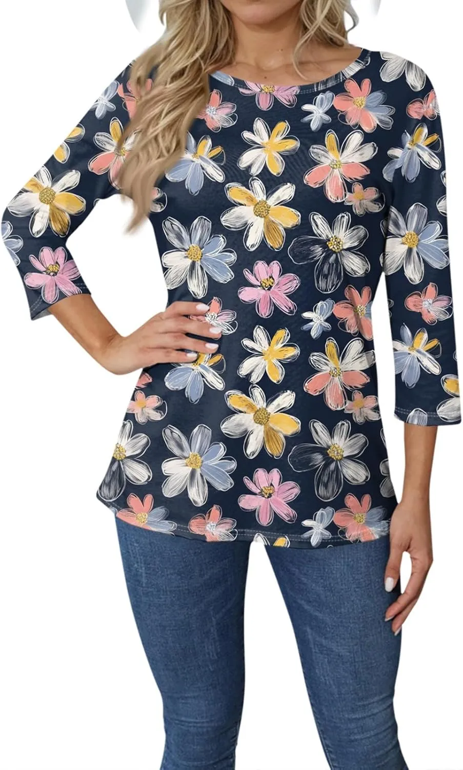 Women's Casual 3/4 Sleeve T-Shirts Round Neck Cute Tunic Tops Basic Tees Blouses Summer Fashion Tee Top