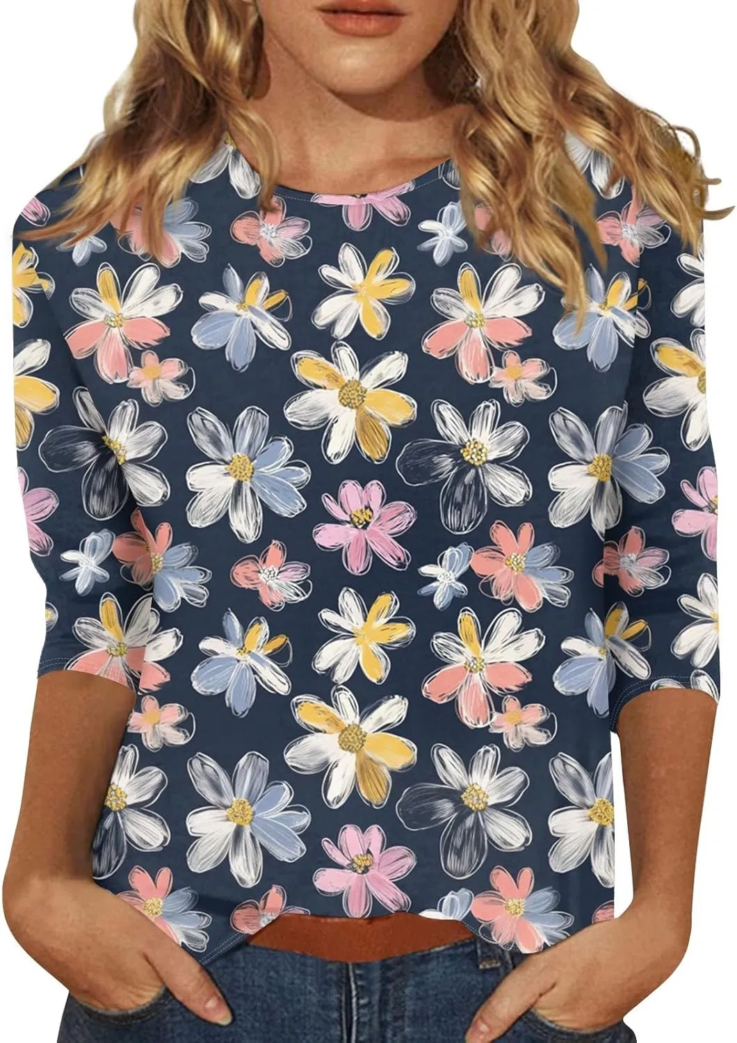 Women's Casual 3/4 Sleeve T-Shirts Round Neck Cute Tunic Tops Basic Tees Blouses Summer Fashion Tee Top