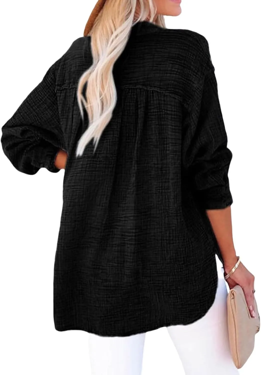 Womens Casual Button V Neck Shirts Oversized Long Sleeve Cotton Tops Lightweight Solid Blouses Fall Trendy Shirts