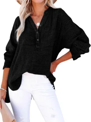 Womens Casual Button V Neck Shirts Oversized Long Sleeve Cotton Tops Lightweight Solid Blouses Fall Trendy Shirts