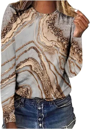 Womens Casual Pullover Tops Fashion Print Long Sleeve Crew Neck Basic Tee Shirts Fall Loose Light Weight Sweatshirts
