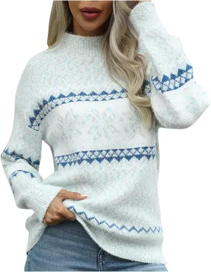 Women's Casual Snowflake Print Knitted Pullover Sweaters Long Sleeve Half Turtleneck Fall Winter Holiday Jumper Tops