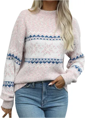 Women's Casual Snowflake Print Knitted Pullover Sweaters Long Sleeve Half Turtleneck Fall Winter Holiday Jumper Tops