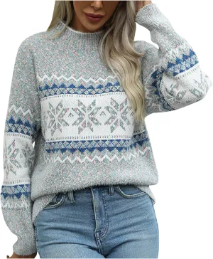 Women's Casual Snowflake Print Knitted Pullover Sweaters Long Sleeve Half Turtleneck Fall Winter Holiday Jumper Tops