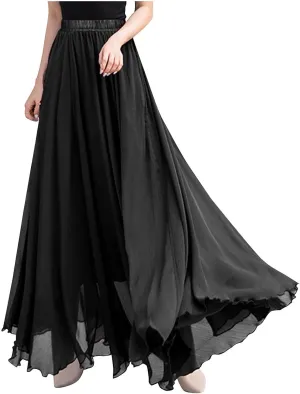 Women's Chiffon Elastic High Waist Pleated A-Line Flared Maxi Skirts Flowy Swing Beach Vacation Long Skirt