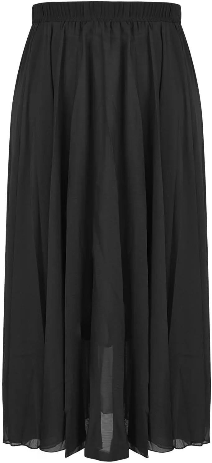 Women's Chiffon Elastic High Waist Pleated A-Line Flared Maxi Skirts Flowy Swing Beach Vacation Long Skirt