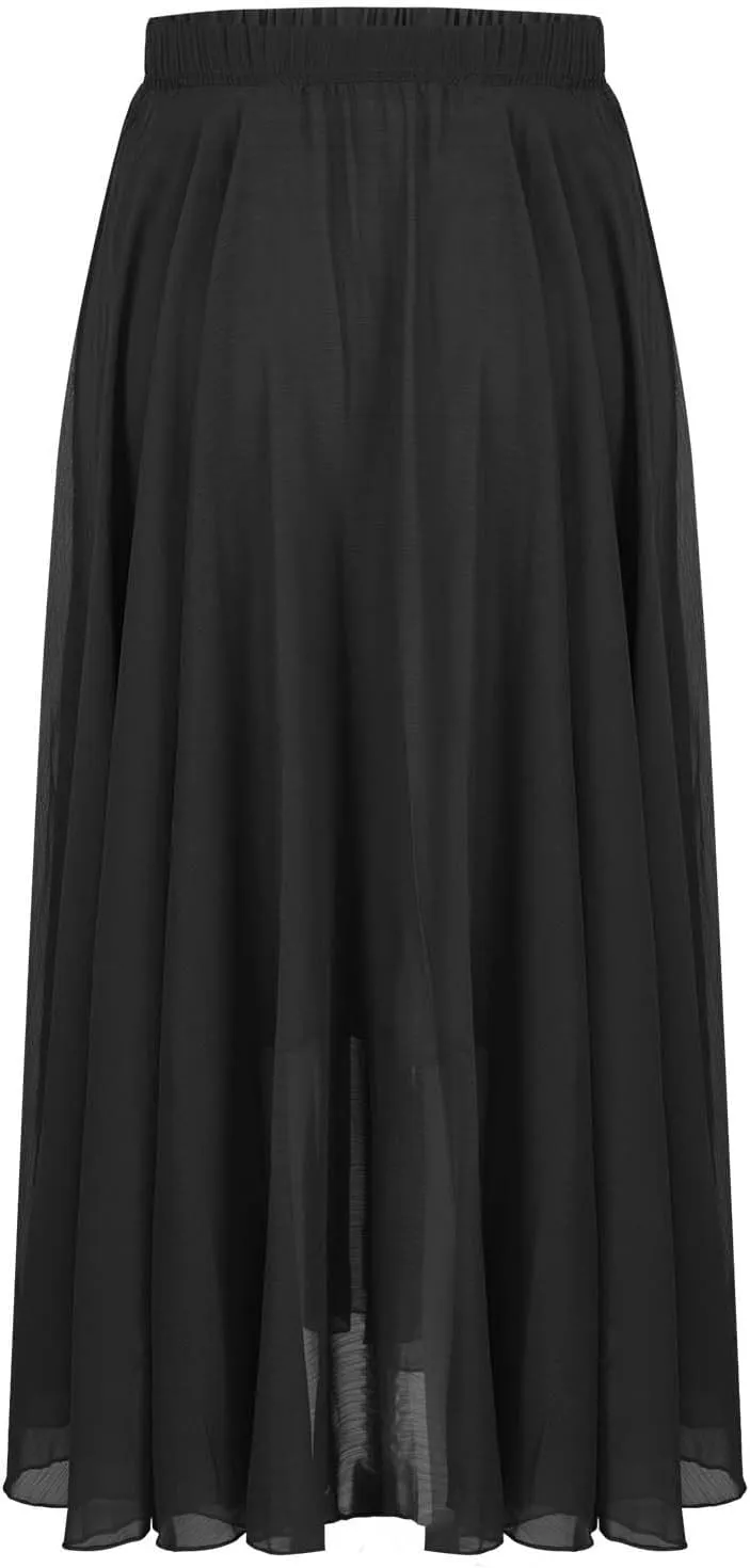 Women's Chiffon Elastic High Waist Pleated A-Line Flared Maxi Skirts Flowy Swing Beach Vacation Long Skirt