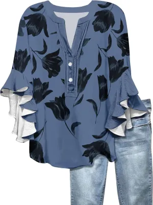 Women's Clothing 3/4 Ruffle Sleeves V Neck Tops Trendy Vintage Floral Boho Blouses Button Tunic Vacation Tee Shirts