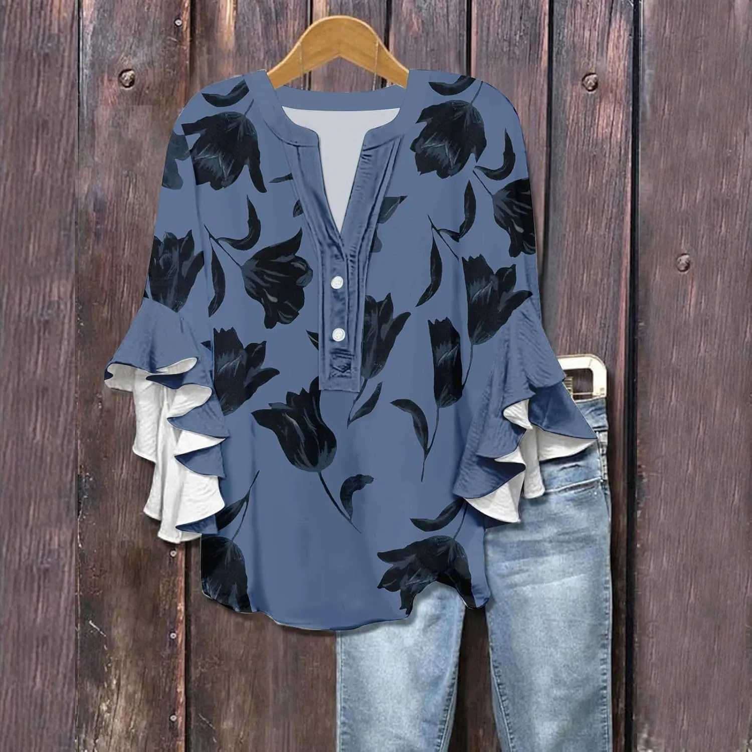 Women's Clothing 3/4 Ruffle Sleeves V Neck Tops Trendy Vintage Floral Boho Blouses Button Tunic Vacation Tee Shirts