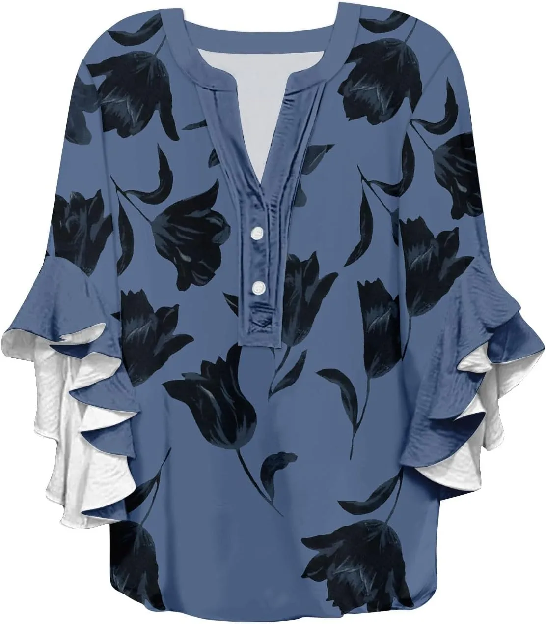 Women's Clothing 3/4 Ruffle Sleeves V Neck Tops Trendy Vintage Floral Boho Blouses Button Tunic Vacation Tee Shirts