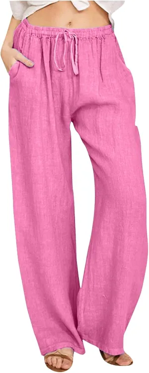 Women's Cotton and Linen Pants Dressy Loose High Waist Ruched Wide Leg Yoga Palazzo Pant Trousers with Pocket
