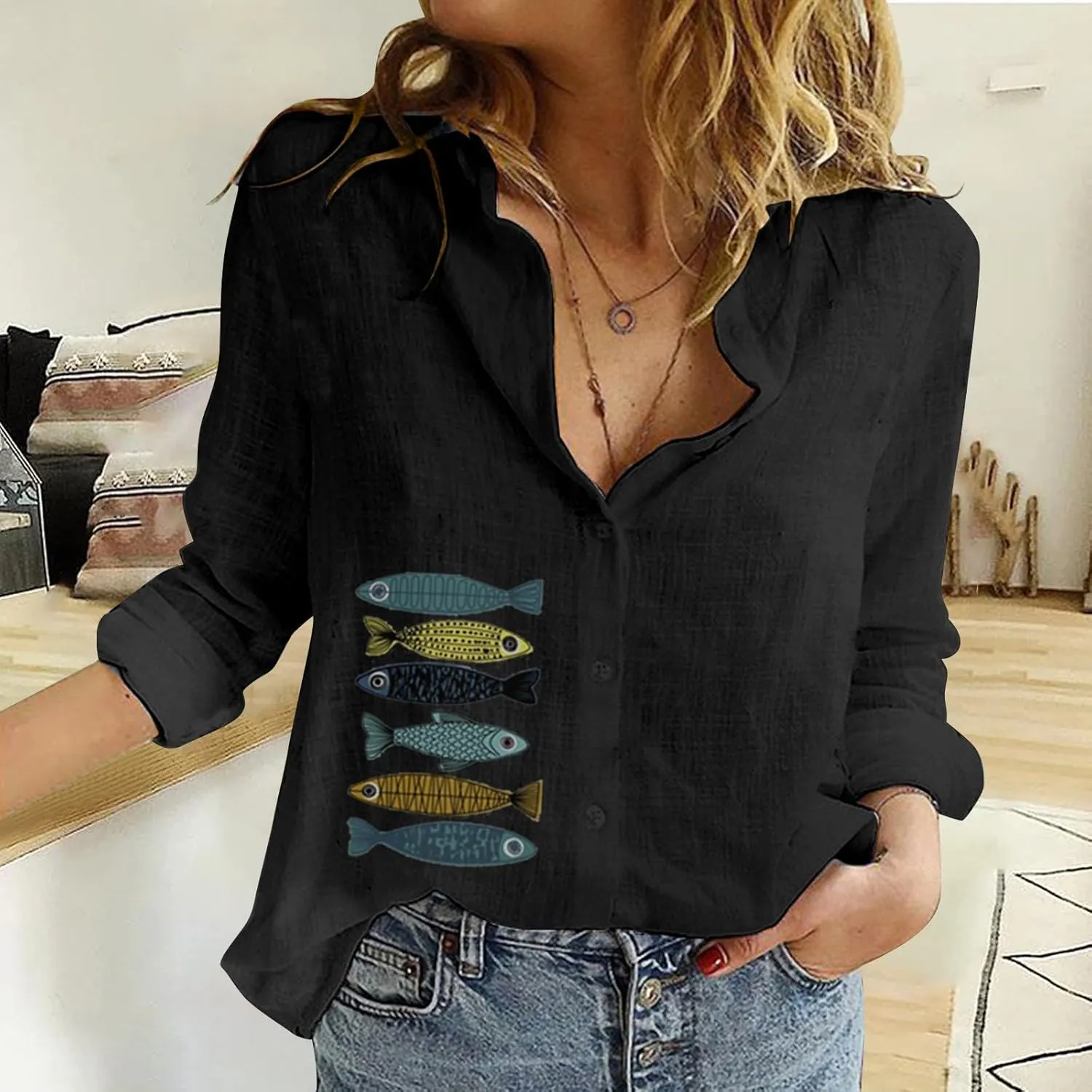 Womens Cotton Linen 3/4 Sleeve Length Y2K Tops Cute Graphic Tee Solid Color Button Down Shirts Oversized Tshirts for Women