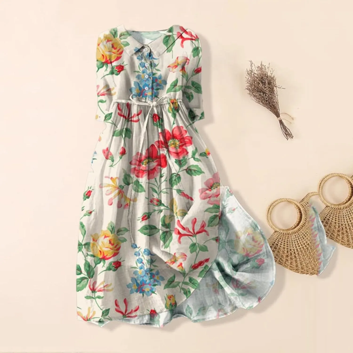 Women's Cotton Linen Casual Dresses 2024 Boho Flowy Dress Flowy Summer Midi Dresses Dressy Ladies Trendy Clothing