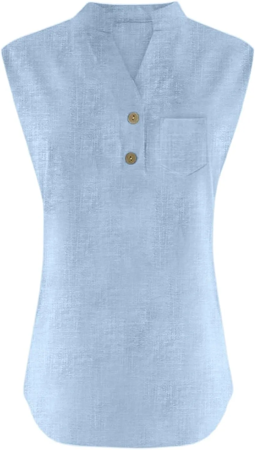 Women's Cotton Linen Tops Summer Breathable Sleeveless V-Neck Button Shirts with Pockets for Office/Vacation​