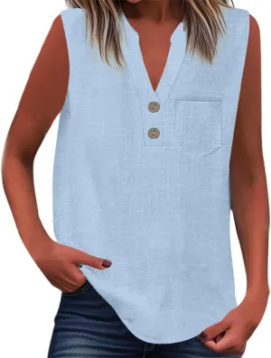 Women's Cotton Linen Tops Summer Breathable Sleeveless V-Neck Button Shirts with Pockets for Office/Vacation​