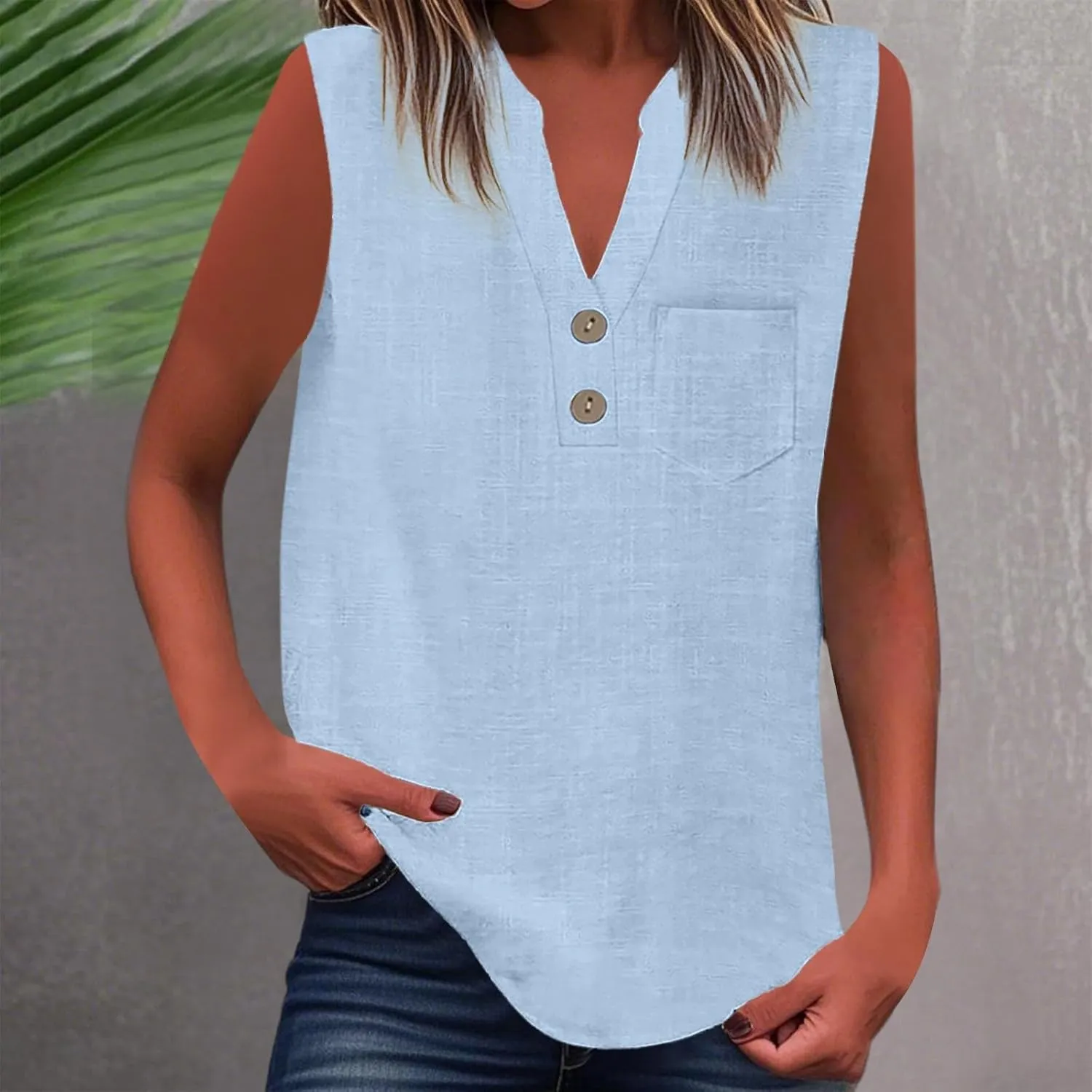 Women's Cotton Linen Tops Summer Breathable Sleeveless V-Neck Button Shirts with Pockets for Office/Vacation​