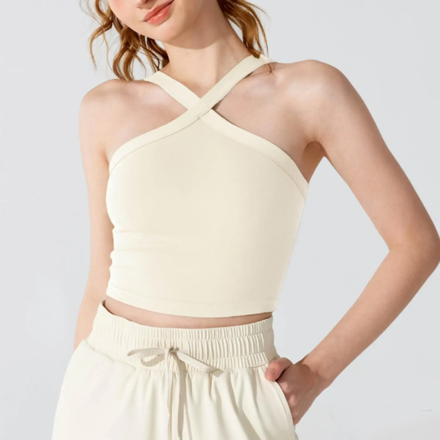 Women's Crop Tops Sexy Criss Cross Halter Sleeveless Wrap Front Backless Tee Shirt Solid Fashion Workout Yoga Blouse