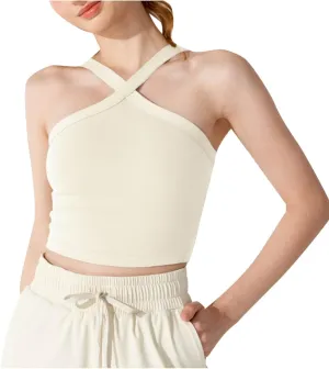 Women's Crop Tops Sexy Criss Cross Halter Sleeveless Wrap Front Backless Tee Shirt Solid Fashion Workout Yoga Blouse