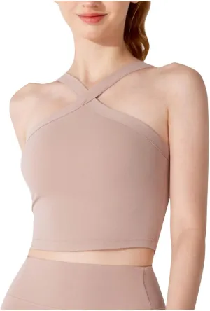 Women's Crop Tops Sexy Criss Cross Halter Sleeveless Wrap Front Backless Tee Shirt Solid Fashion Workout Yoga Blouse