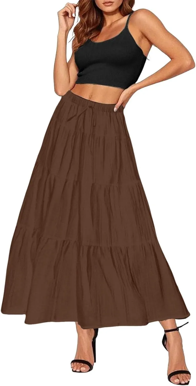 Womens Daily Holidays Flowy Flared Ruffle Boho Long Skirt Summer Maxi Skirt Cute Skirt