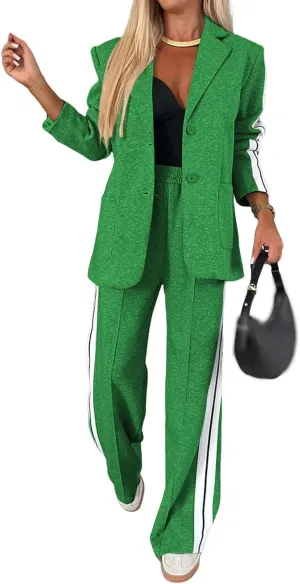 Womens Fall 2 Piece Blazer Set Oversized Jacket Wide Leg Pants Sets Lapel Button Up Blazers Business Casual Outfits Set