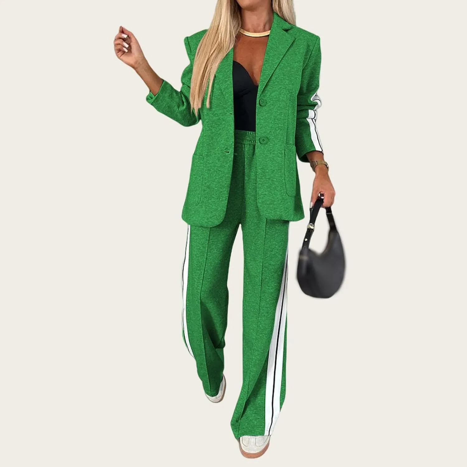 Womens Fall 2 Piece Blazer Set Oversized Jacket Wide Leg Pants Sets Lapel Button Up Blazers Business Casual Outfits Set