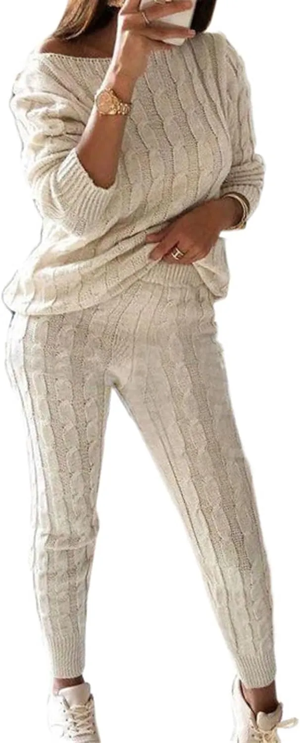 Womens Fall Cable Knit Set Plus Size Crew Neck Pullover Sweater Top & Long Pants 2 Piece Outfits Tracksuit Loungewear