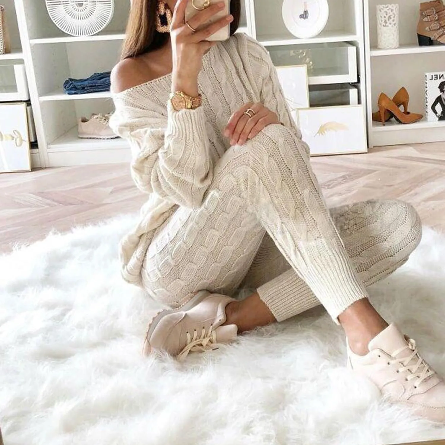 Womens Fall Cable Knit Set Plus Size Crew Neck Pullover Sweater Top & Long Pants 2 Piece Outfits Tracksuit Loungewear