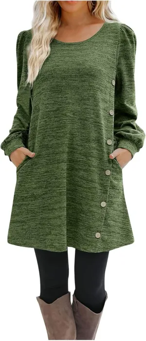 Women's Fall Casual Trendy Long Sleeve Crew Solid Button Midi Sun Dresses,S-3XL