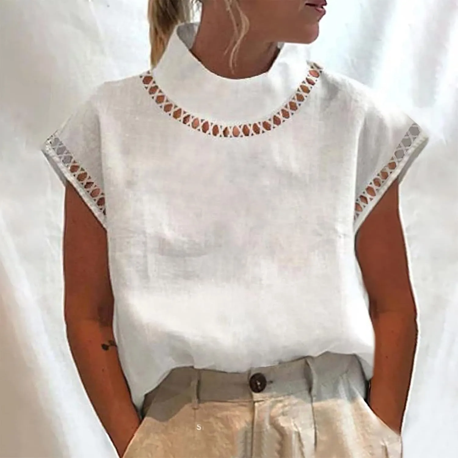 Womens Floral Print Linen Short Sleeve T Shirts Summer Dressy Casual Oversized Blouse Top V Neck Loose Tshirt