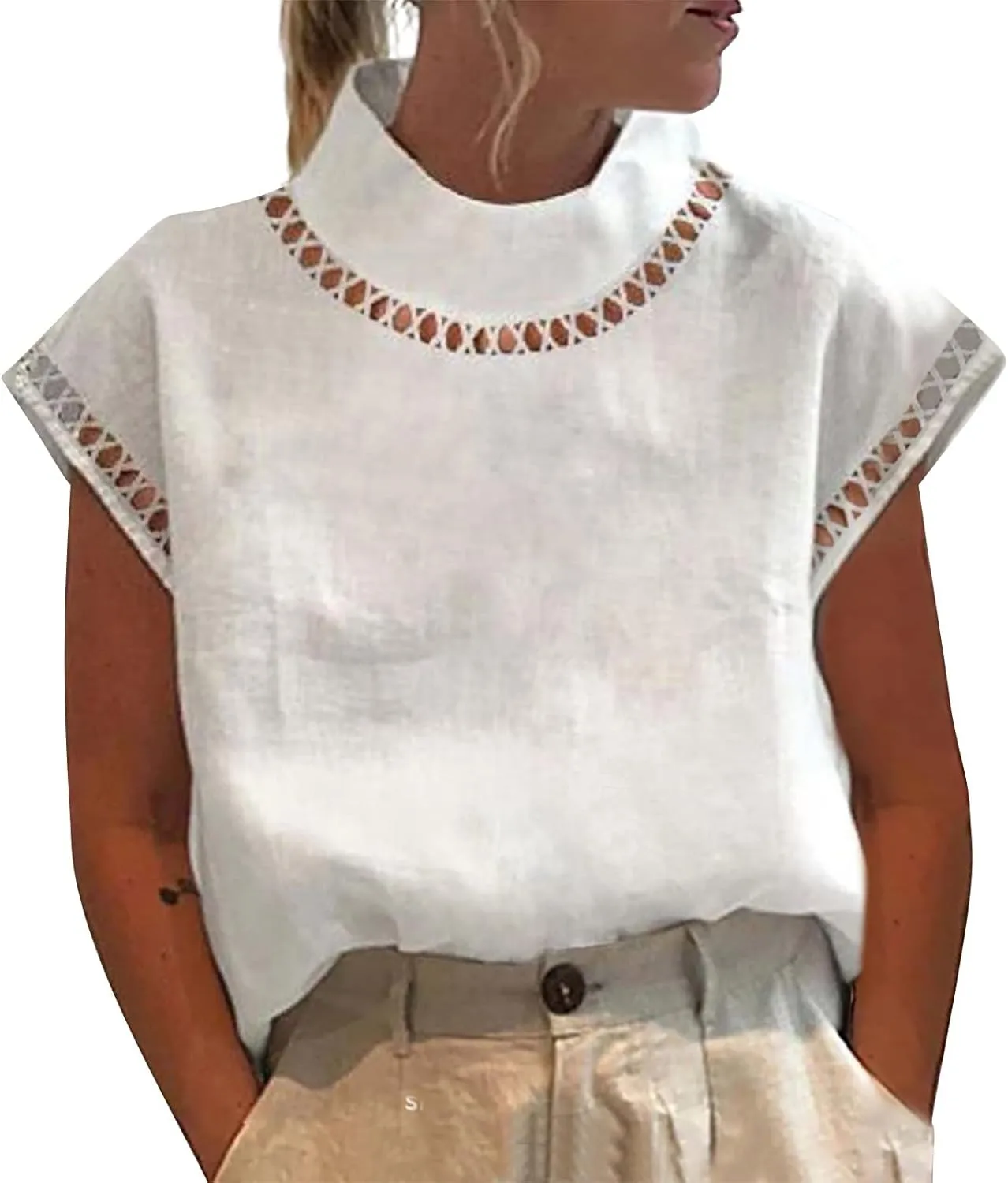 Womens Floral Print Linen Short Sleeve T Shirts Summer Dressy Casual Oversized Blouse Top V Neck Loose Tshirt