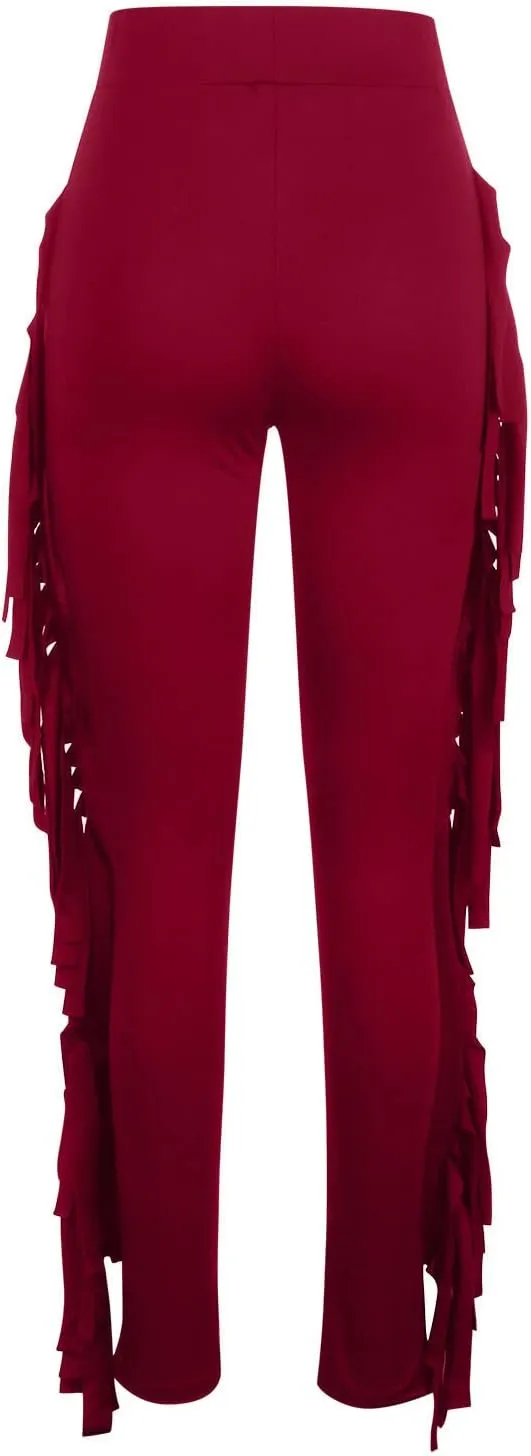 Women's Fringe Pants Casual High Waist Solid Bodycon Side Tassel Pants Yoga Dance Pants Sweatpants Bandage Pants