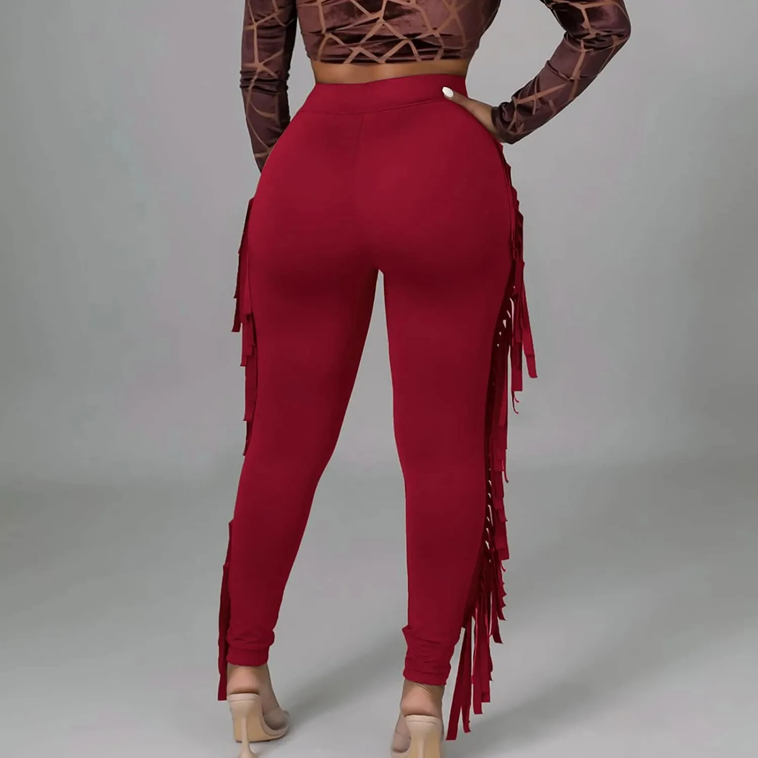 Women's Fringe Pants Casual High Waist Solid Bodycon Side Tassel Pants Yoga Dance Pants Sweatpants Bandage Pants