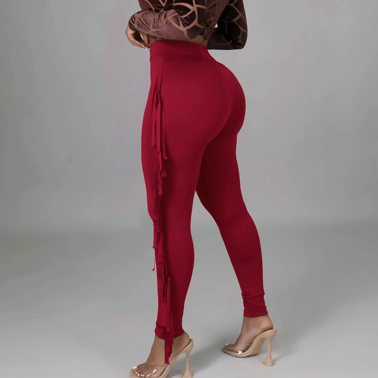 Women's Fringe Pants Casual High Waist Solid Bodycon Side Tassel Pants Yoga Dance Pants Sweatpants Bandage Pants